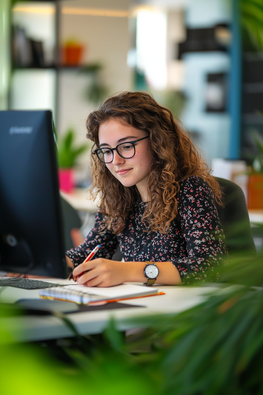 Young woman using Persimi and taking notes